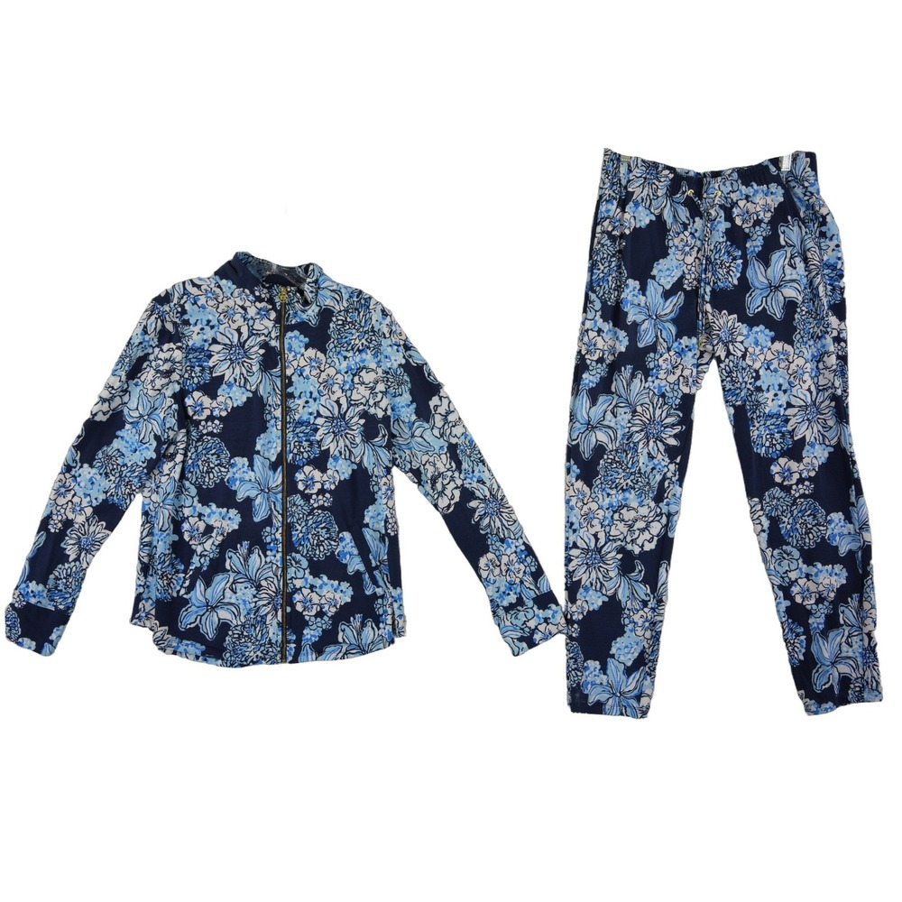 Lilly Pulitzer Tracksuit Set Full Zip Top Pants Women's Size Medium Blue Floral